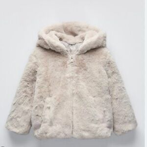 Zara Kids Cream Faux Fur Hooded Jacket